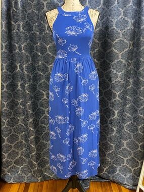Market & Spruce Blue Floral Halter Maxi Dress with White Lotus Print